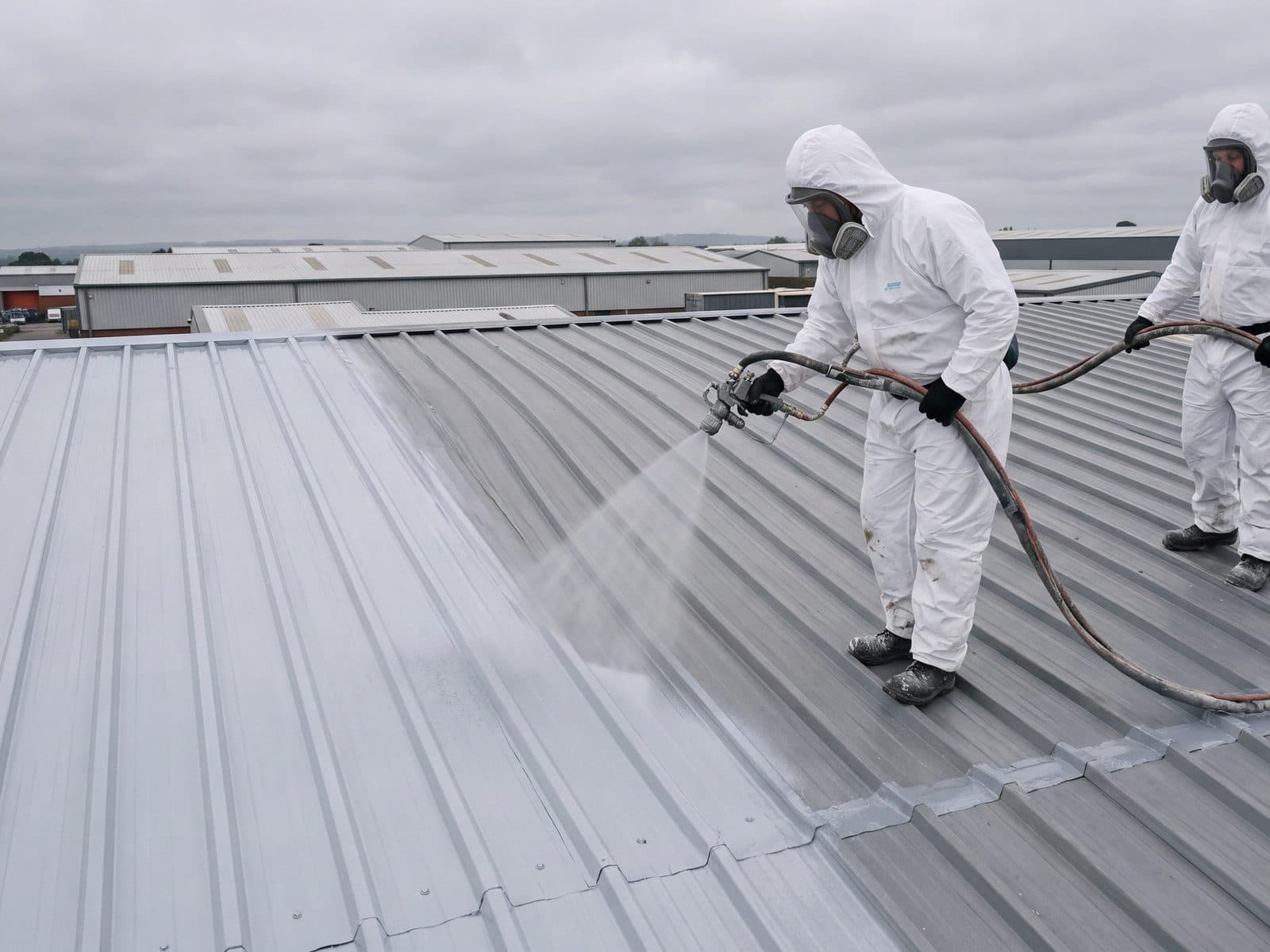 Two operatives in white coveralls and respirators spray coating a metal roof with polyurea, the coated area glossy beside the prepared sheets