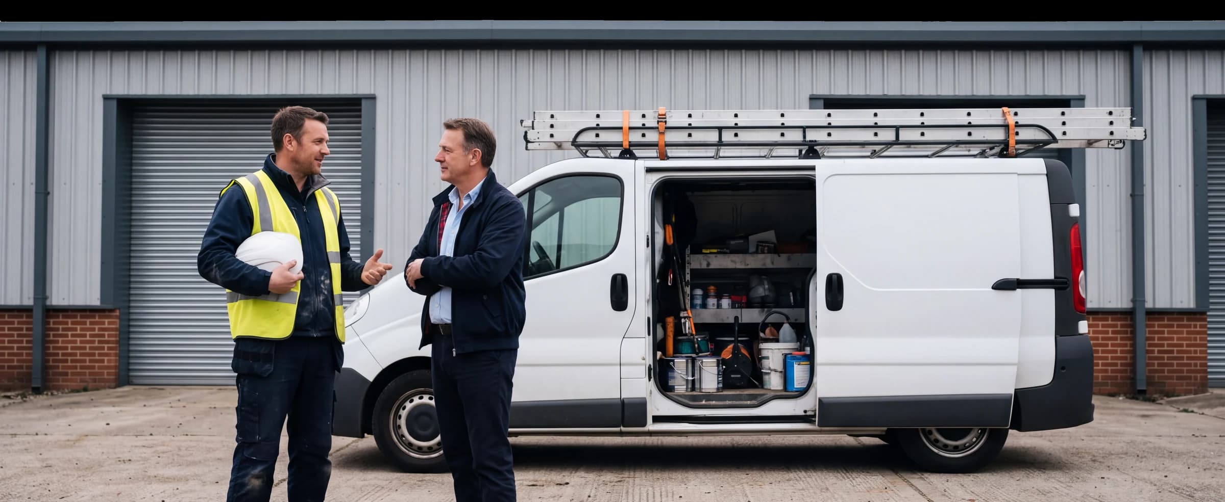 A roofing contractor talking to a client beside his van, with ladders on the roof rack, outside an industrial unit