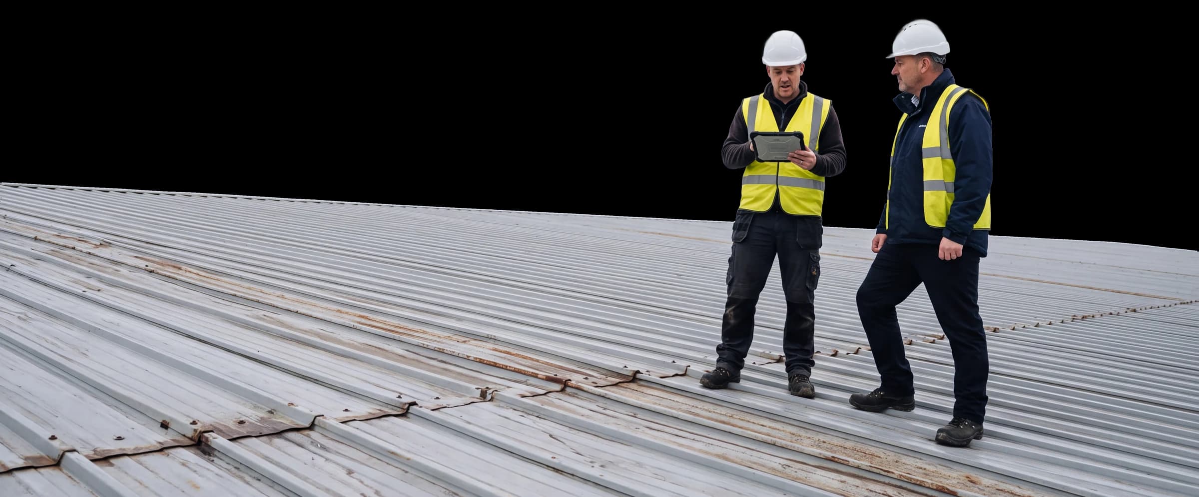 A roofing surveyor and a facilities manager on a metal roof, the surveyor going through his tablet