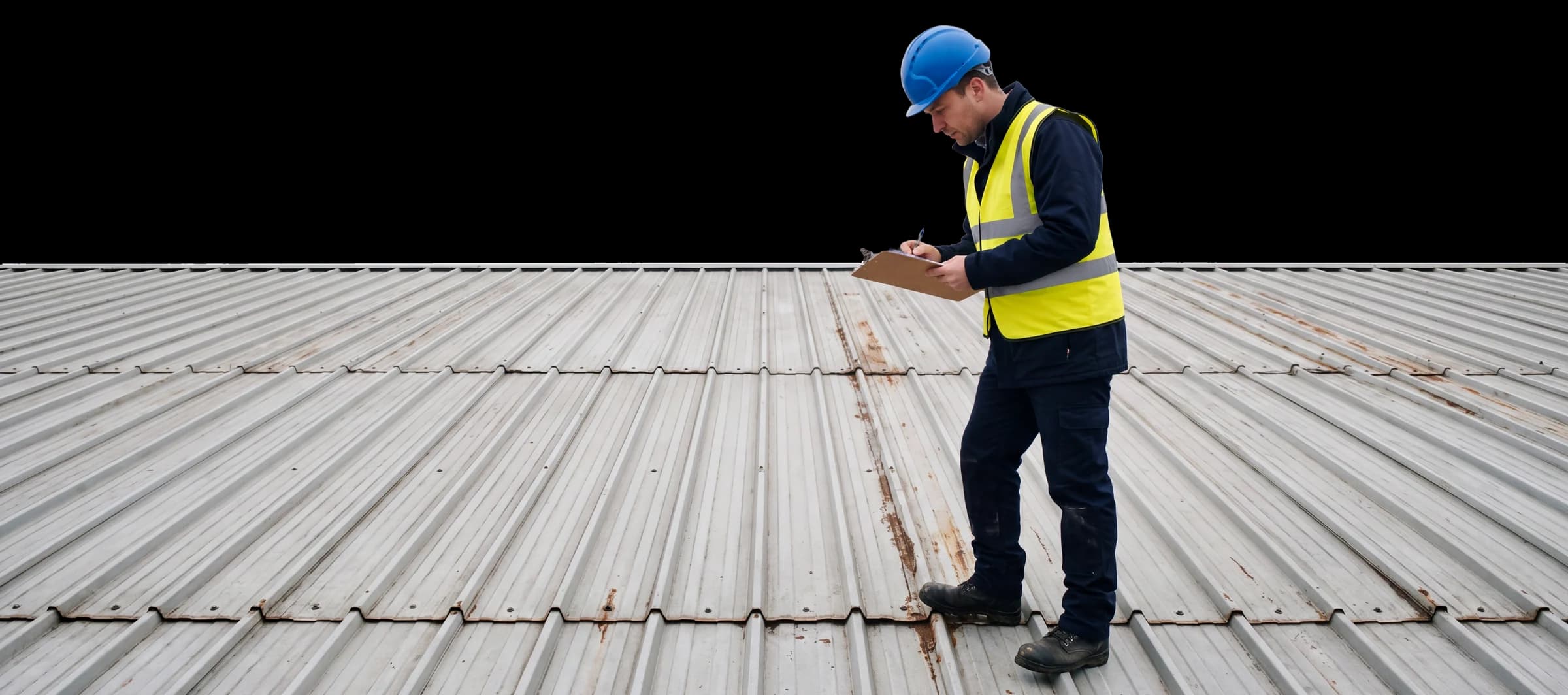 A building surveyor inspecting a metal roof and making notes on a clipboard