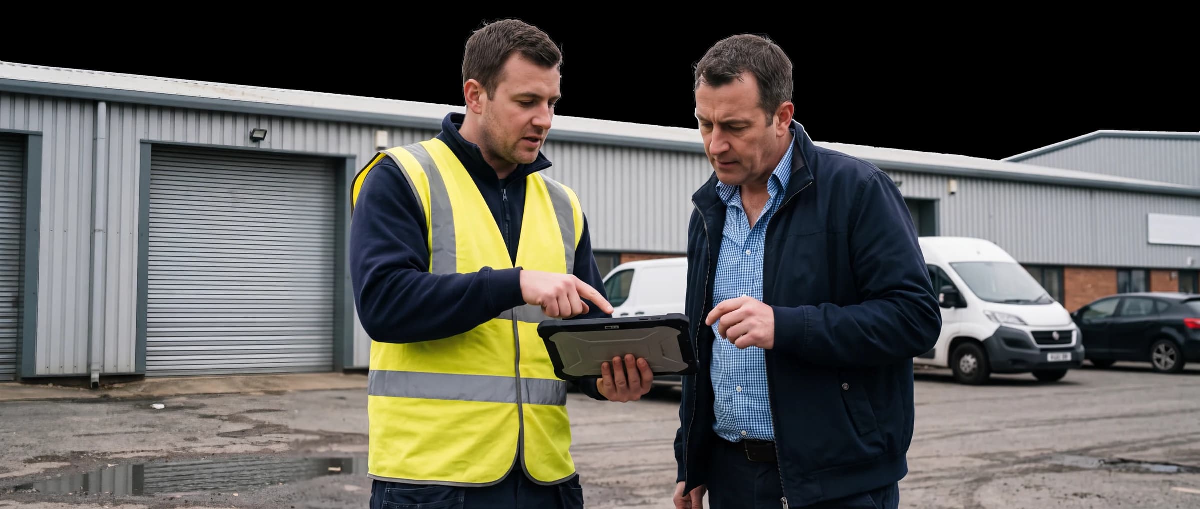 A roofing surveyor talking a facilities manager through a roof survey on a tablet outside an industrial unit