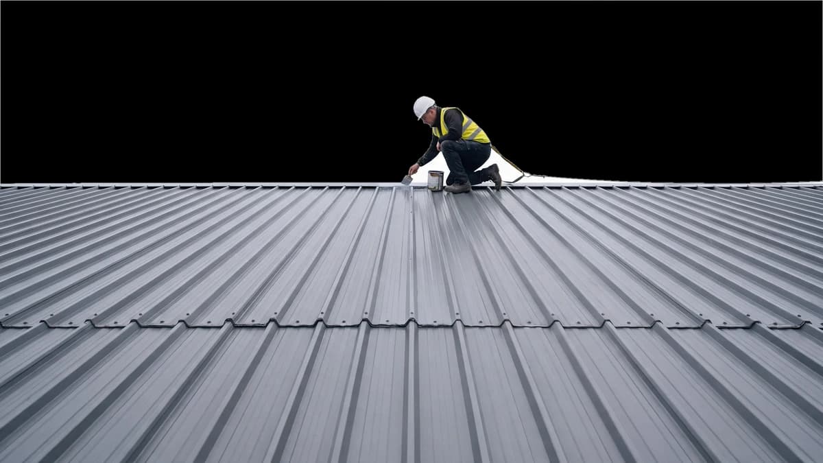 A roofing technician coating an end lap on a metal roof